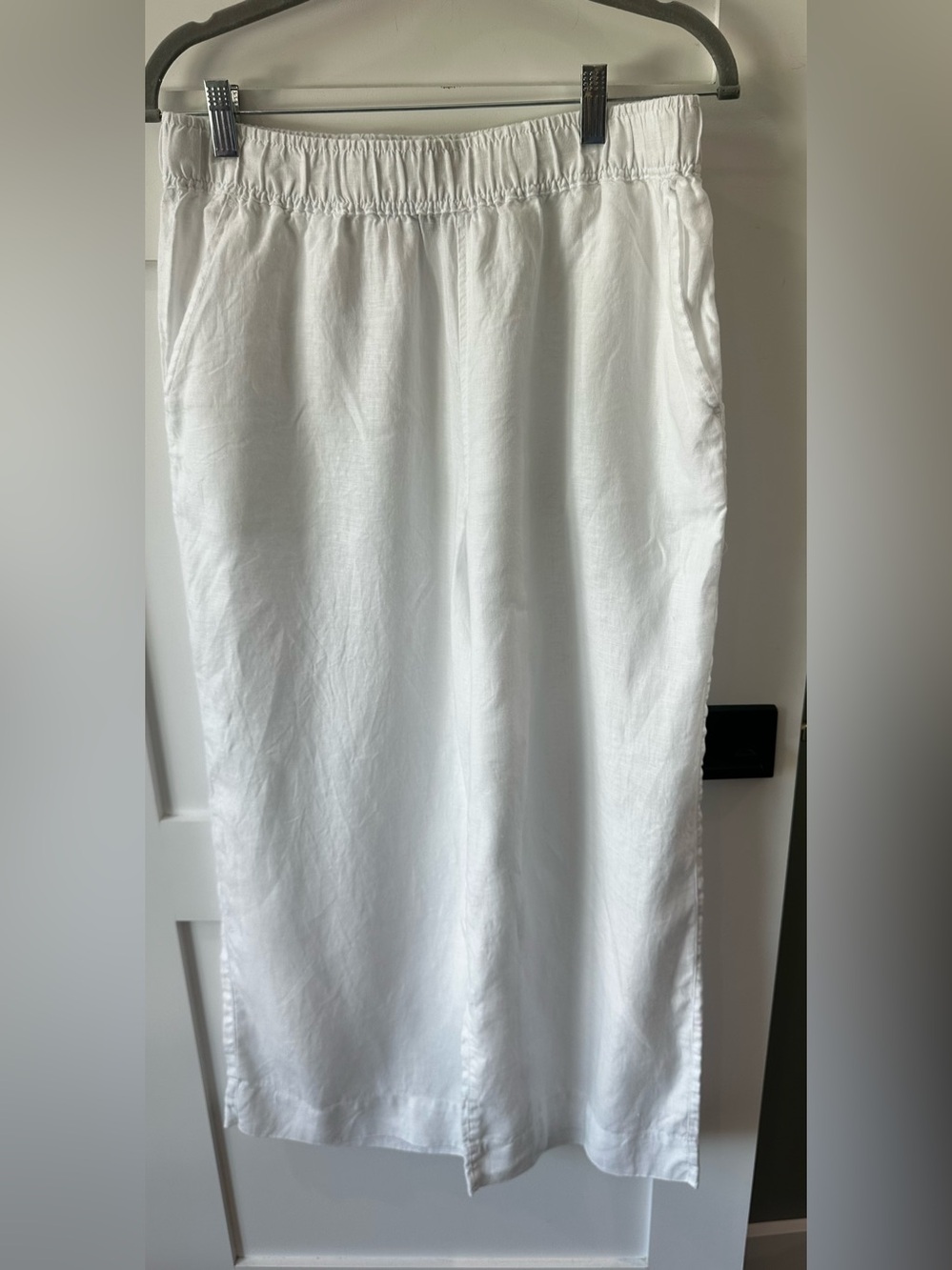 Tahari Linen Wide Leg Crop Pants Size Large White Pull On Pockets
